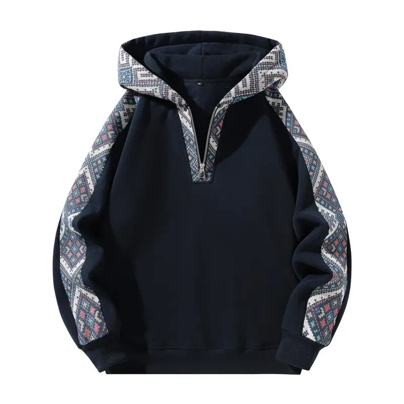 Retro Ethnic Print Quarter Zip Hoodie