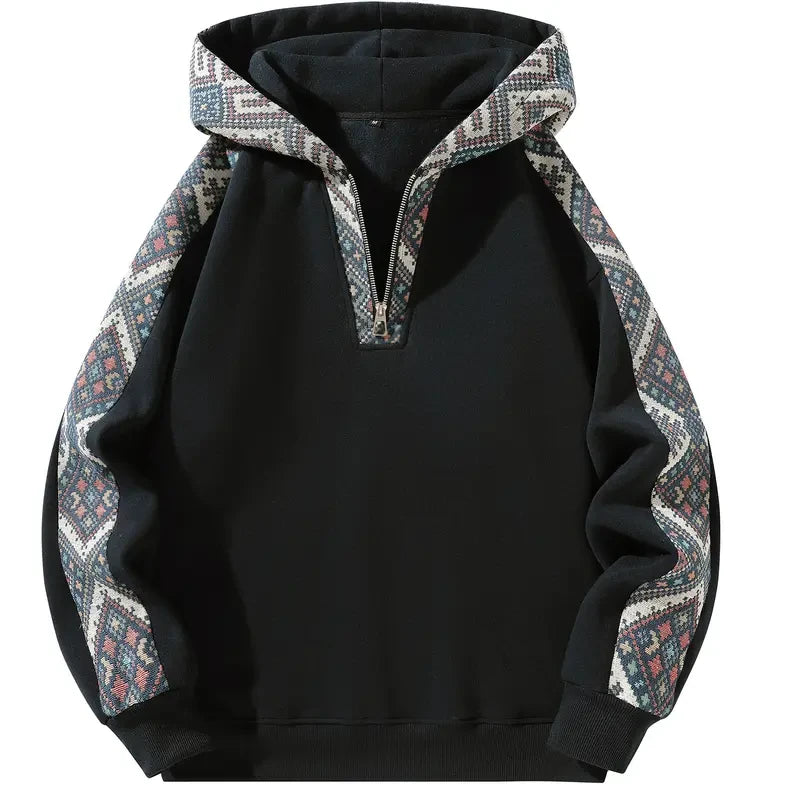 Retro Ethnic Print Quarter Zip Hoodie