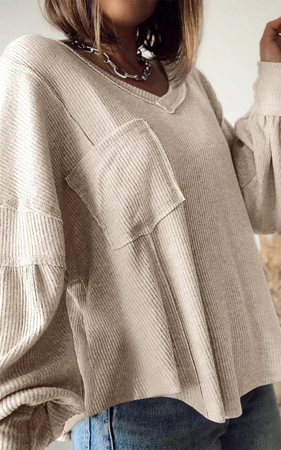Ribbed Balloon Sleeve Fall Top