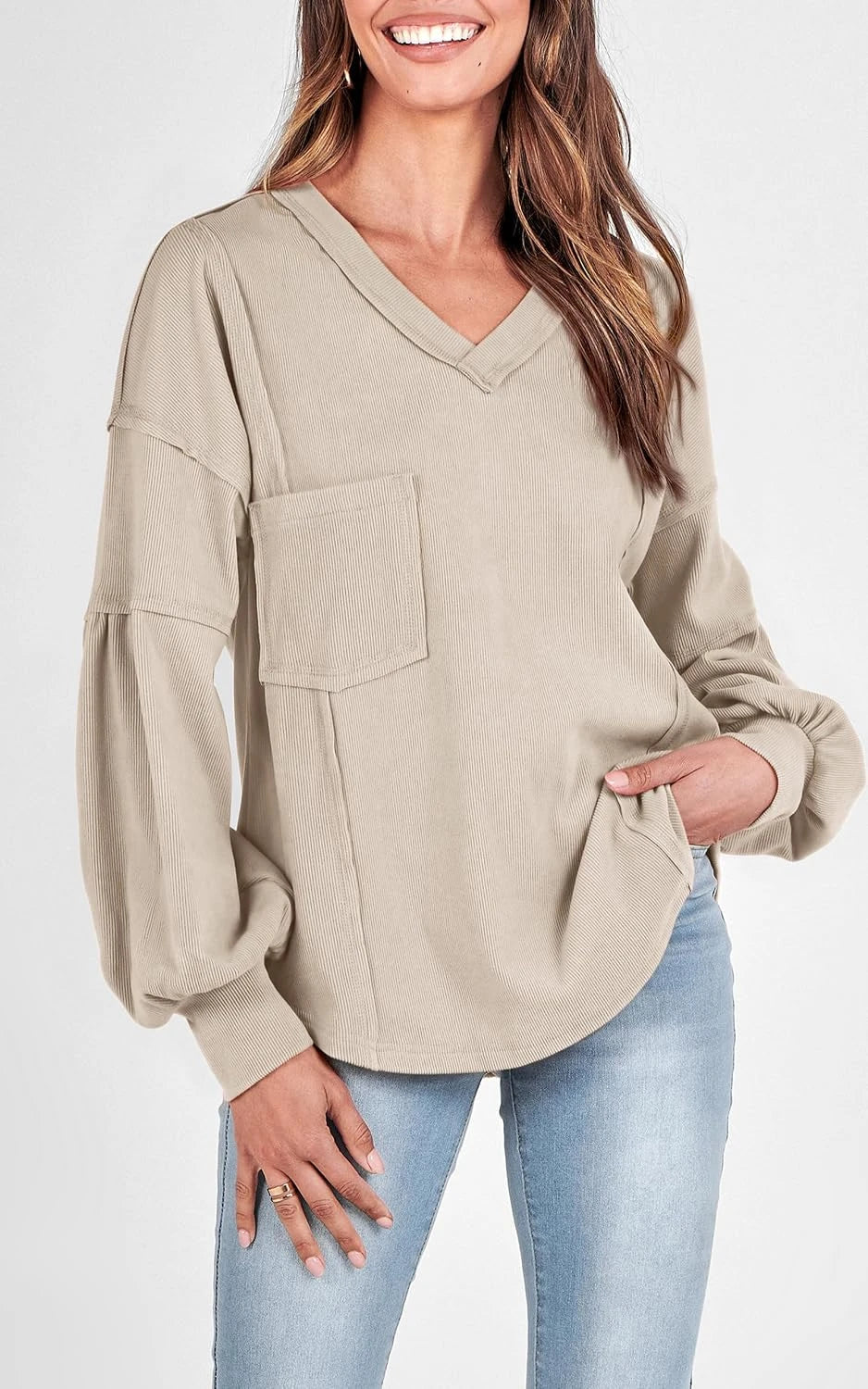Ribbed Balloon Sleeve Fall Top