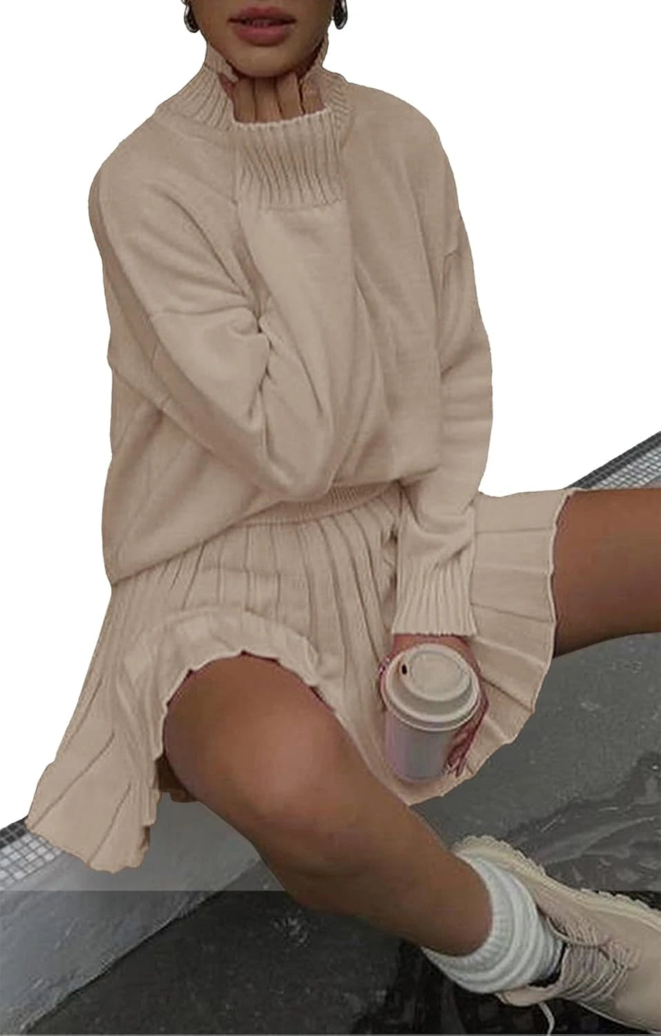 Knit Turtleneck Sweater Skirt Set
