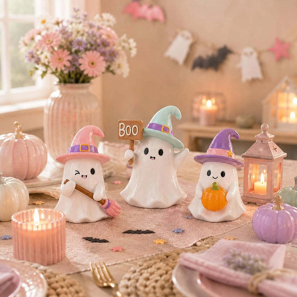 Pastel Halloween Ghost Figurine Set