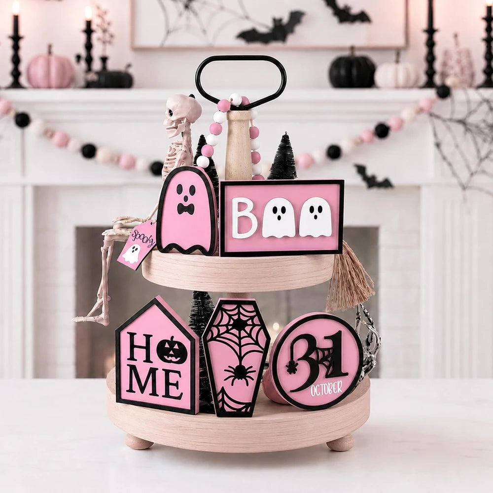 Pink Ghost Halloween Tiered Tray Decor
