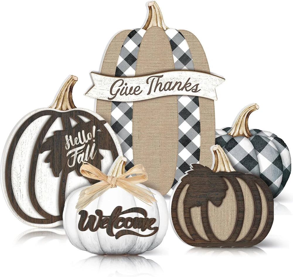 Plaid Wooden Pumpkin Table Centerpiece