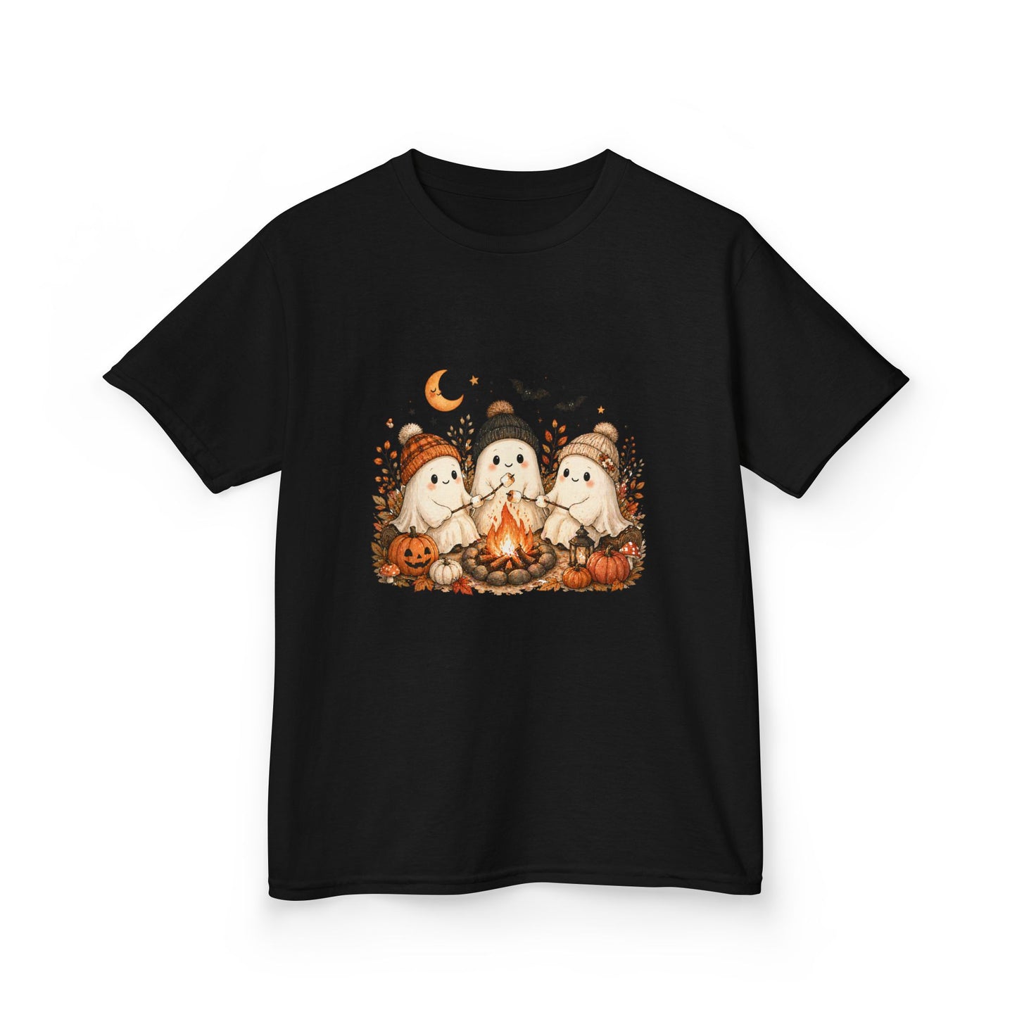 Kids Tee — Cute Halloween Ghosts Campfire Design (Pumpkins, Moon & Bats)