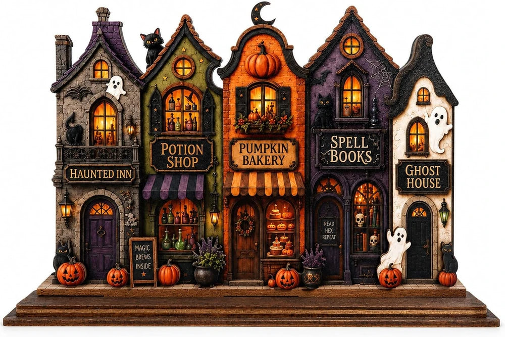 Vintage Wooden Halloween Village Mantel Decor