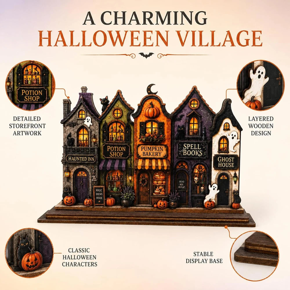 Vintage Wooden Halloween Village Mantel Decor