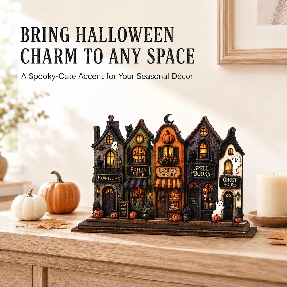 Vintage Wooden Halloween Village Mantel Decor