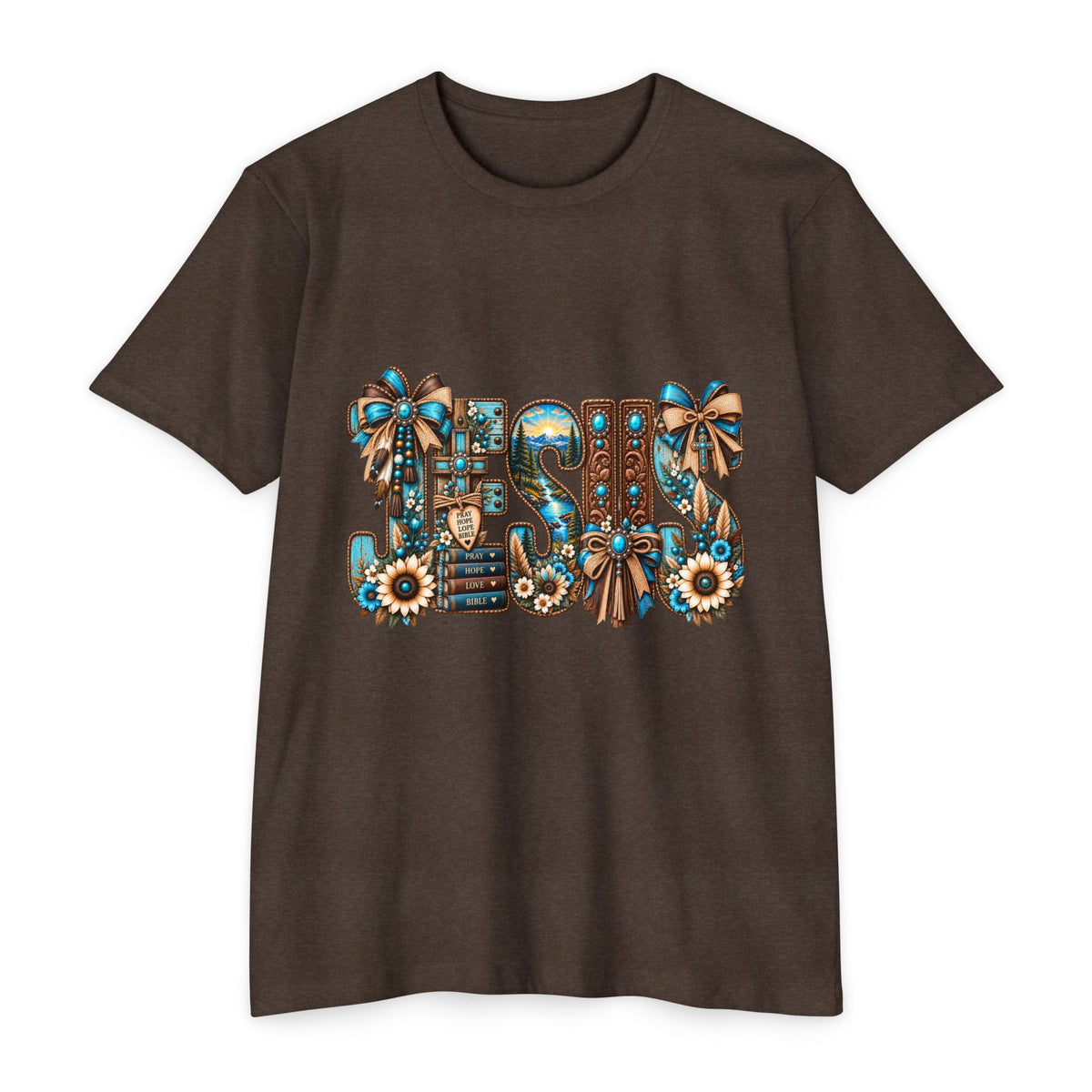 Jesus Floral Graphic T-Shirt — Decorative Faith Tee with Bows & Sunflowers