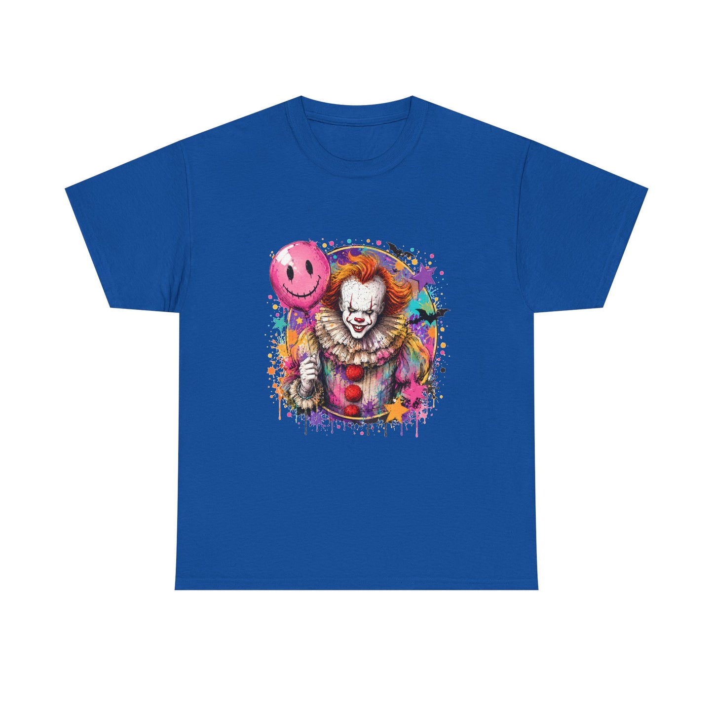 Clown Horror Graphic Tee — Colorful Scary Clown with Pink Balloon