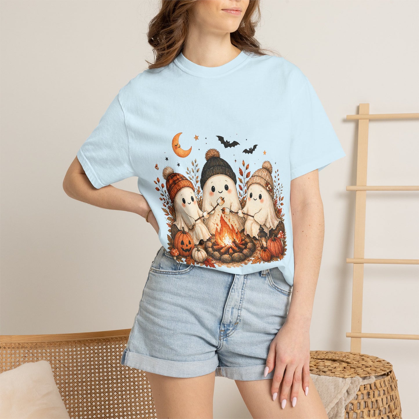 Halloween Ghost Trio Campfire T-Shirt — Cute Spooky Pumpkin Tee