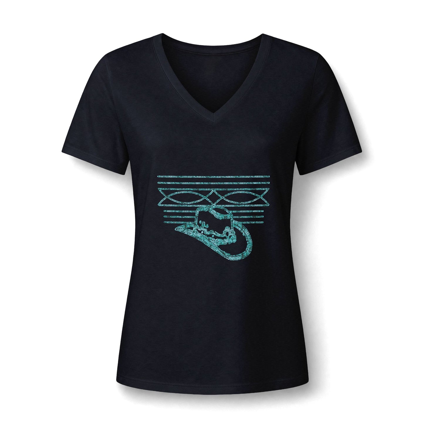 Women’s V‑Neck Tee — Teal Distressed Cowboy Hat Graphic