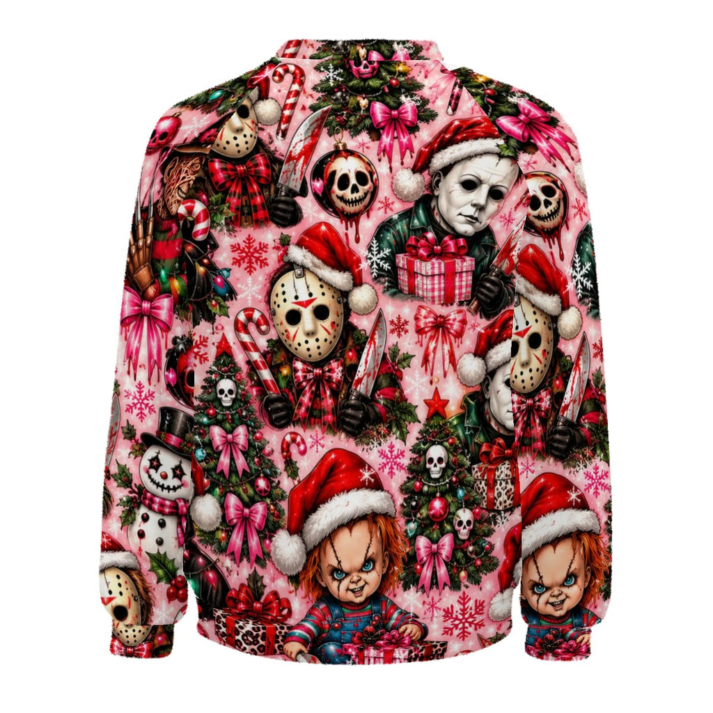 Raglan Crewneck Sweatshirts Women Festive Chibi Horror Christmas Pattern