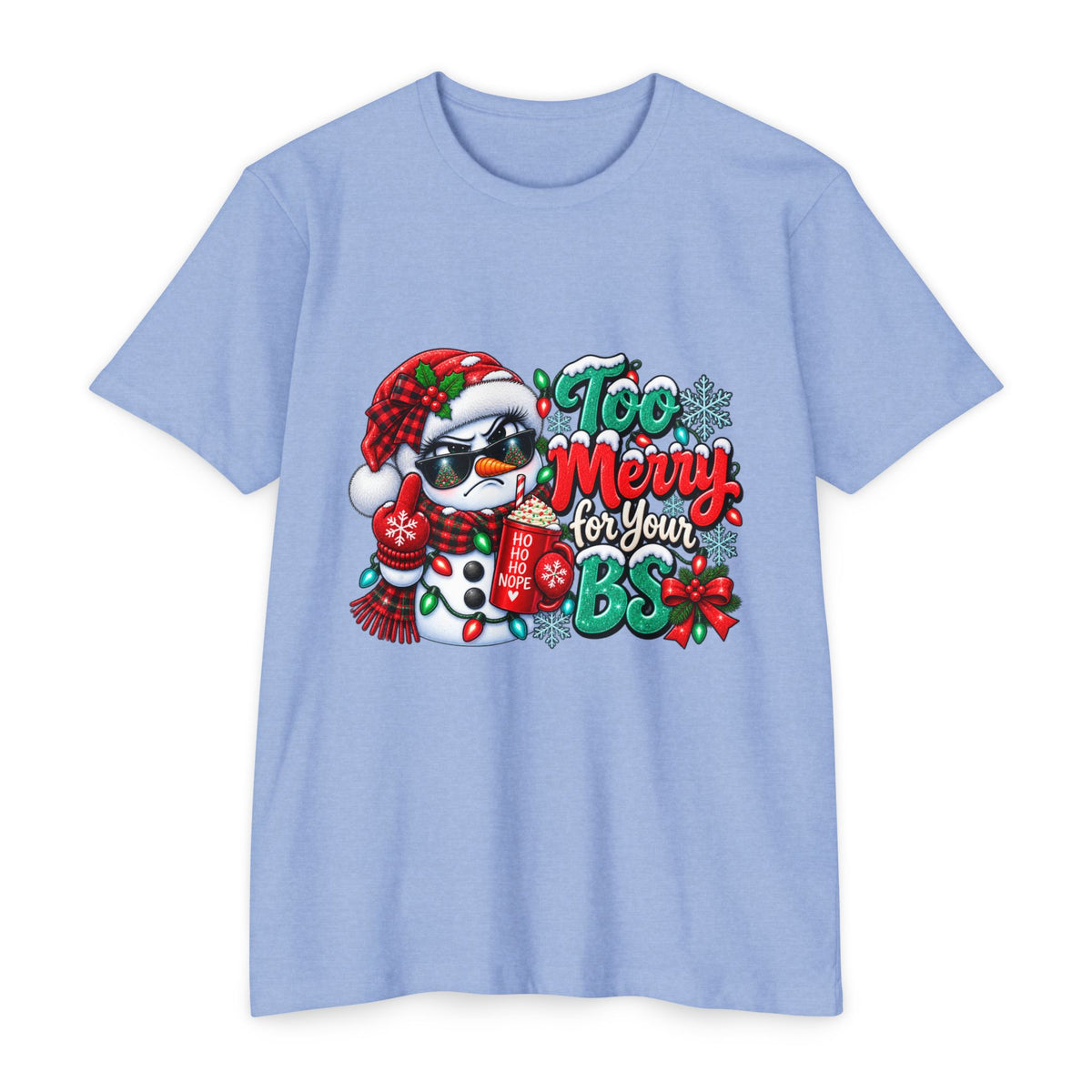 Christmas Penguin T‑Shirt — "Too Merry for Your BS" Funny Holiday Tee