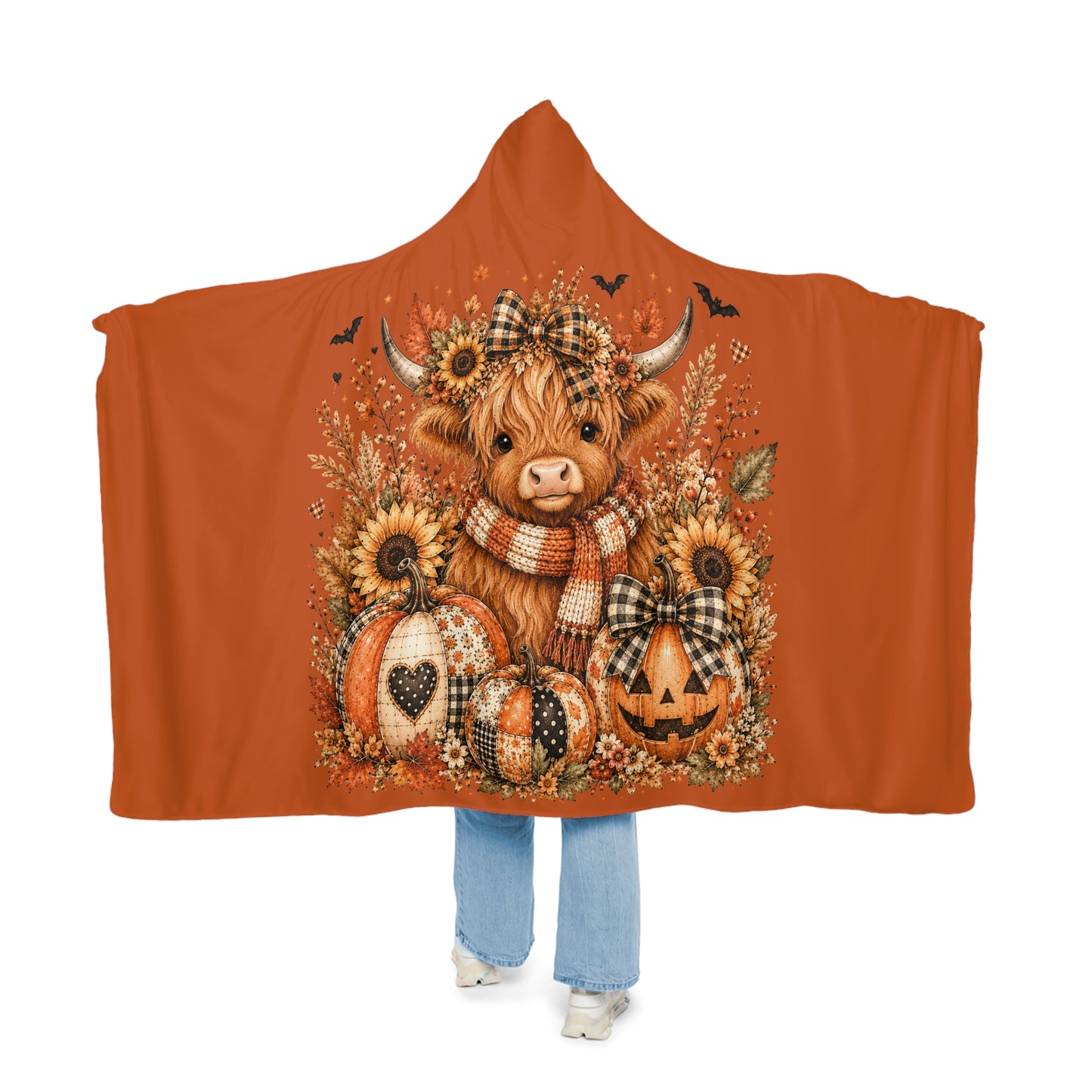 Halloween Highland Cow Hooded Blanket – Autumn Pumpkin Snuggle Throw