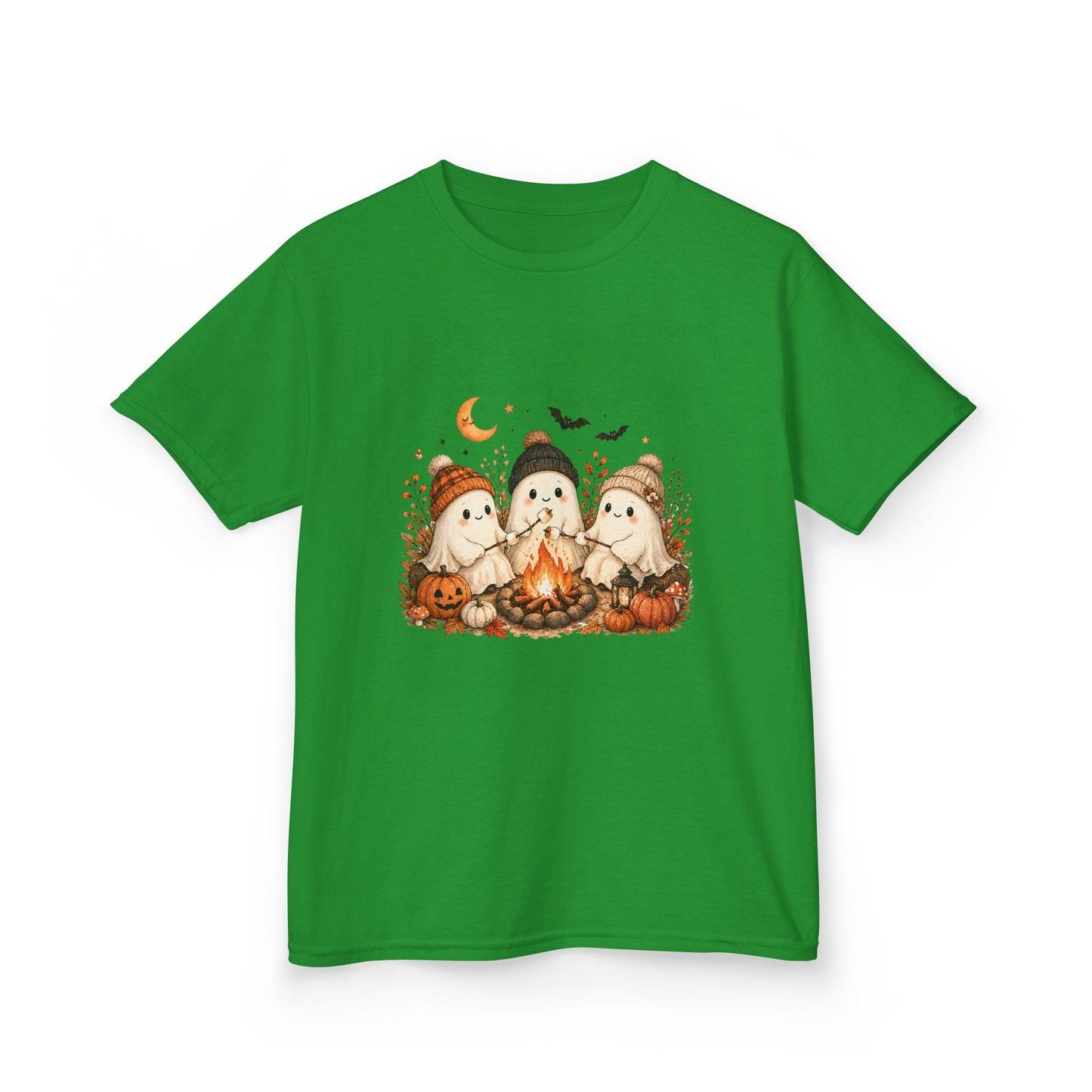 Kids Tee — Cute Halloween Ghosts Campfire Design (Pumpkins, Moon & Bats)