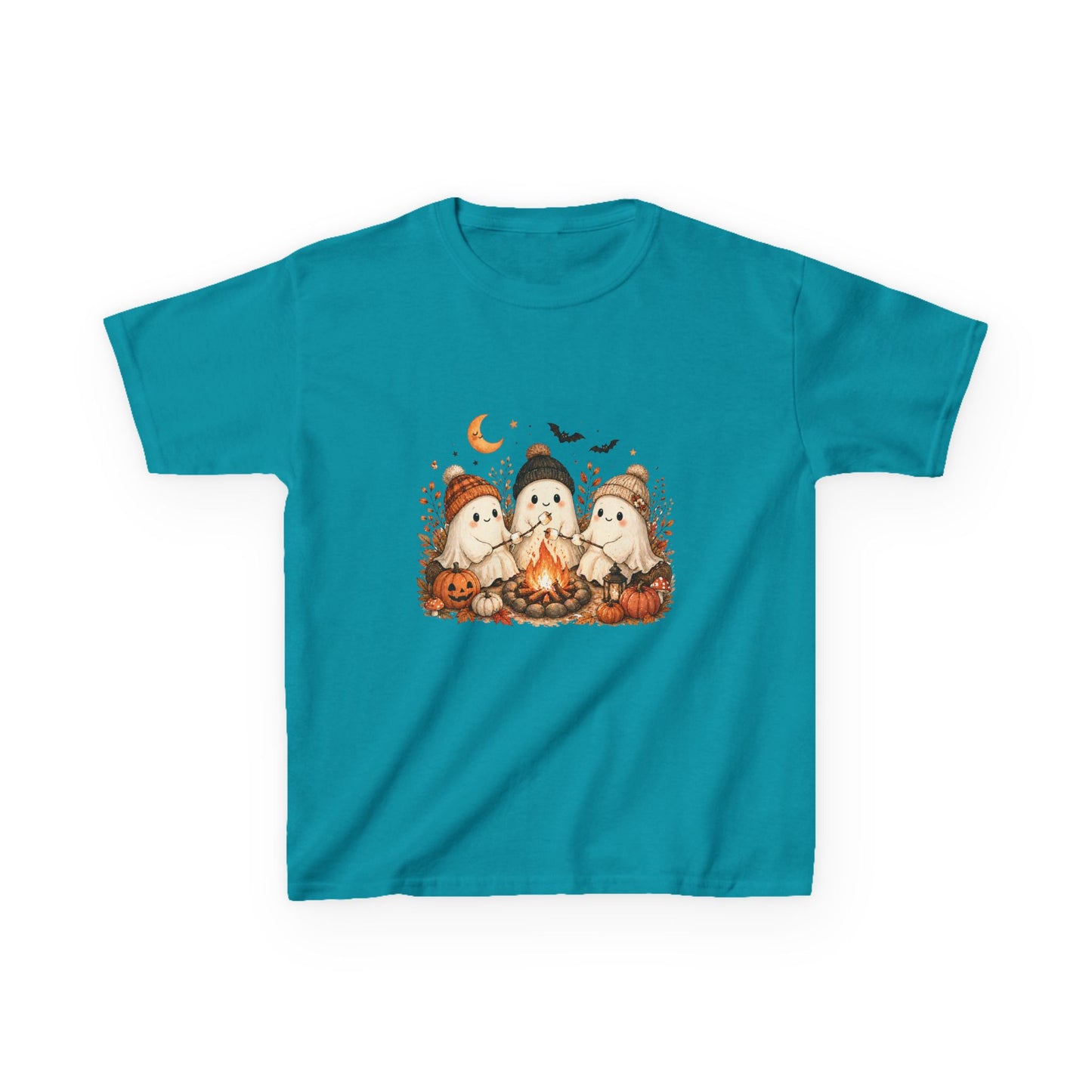 Kids Tee — Cute Halloween Ghosts Campfire Design (Pumpkins, Moon & Bats)