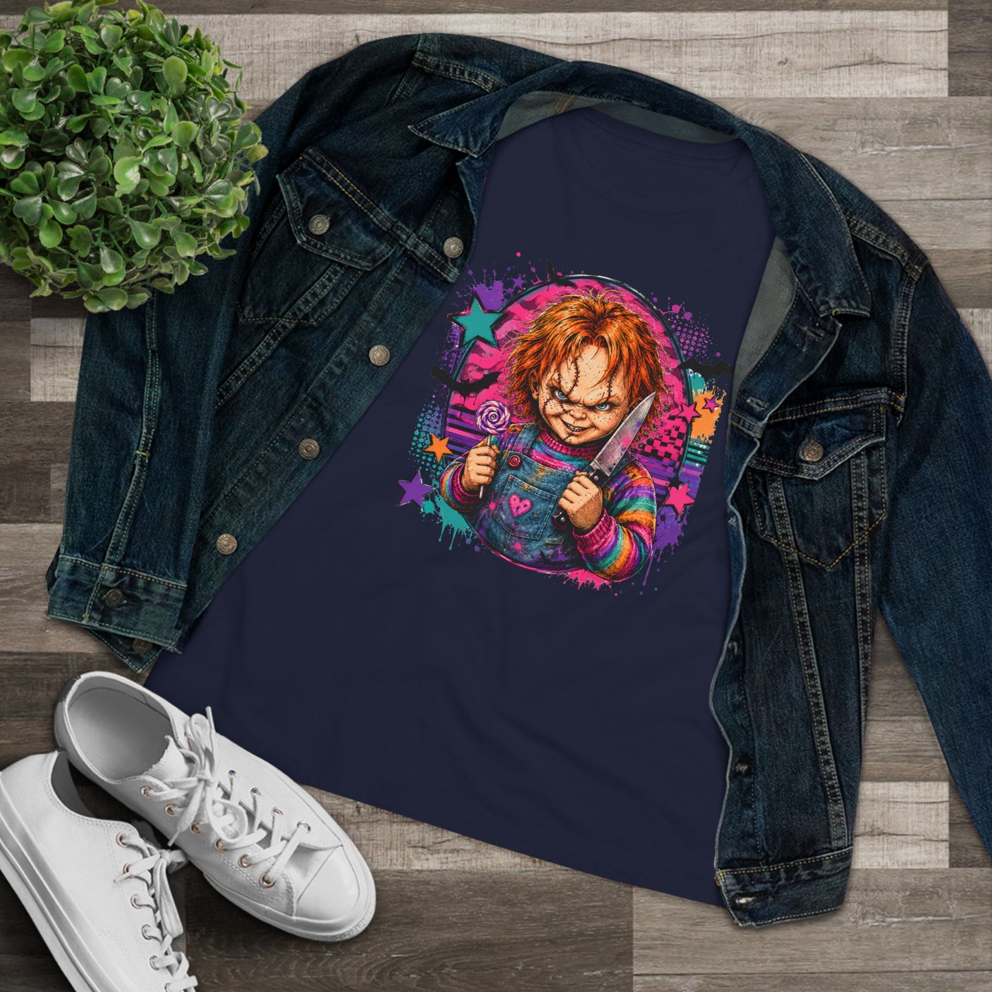 Chucky Horror Graphic Tee — Retro Neon Killer Doll Shirt for Women