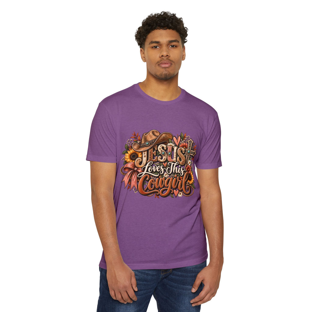 Jesus Loves This Cowgirl T-Shirt — Western Christian Graphic Tee with Sunflowers & Cowboy Hat