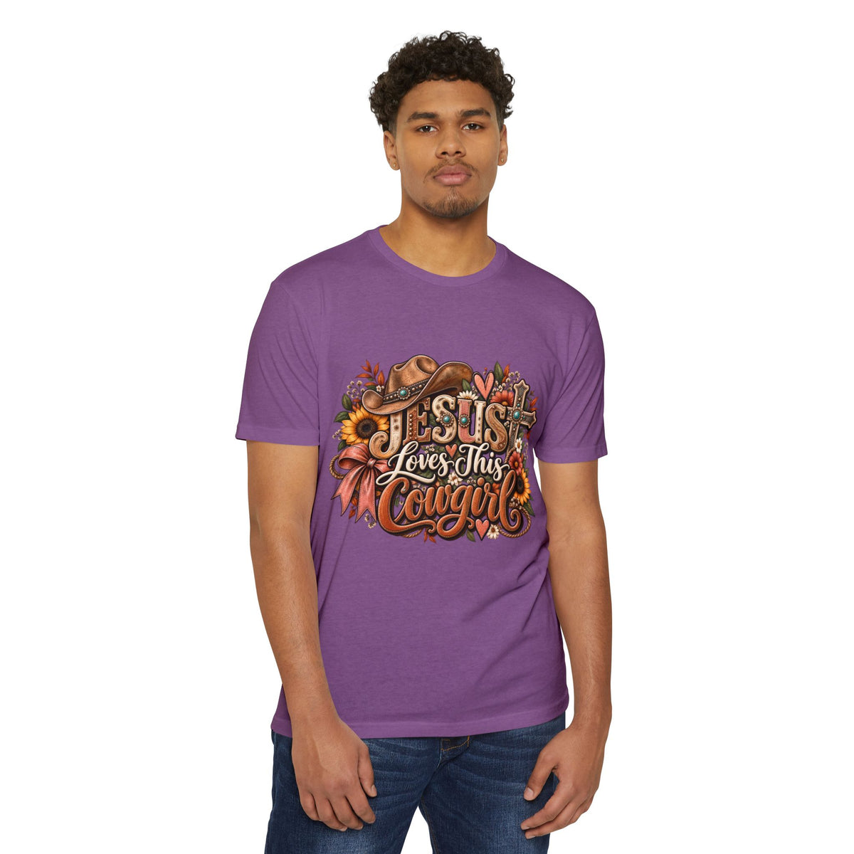 Jesus Loves This Cowgirl T-Shirt — Western Christian Graphic Tee with Sunflowers & Cowboy Hat