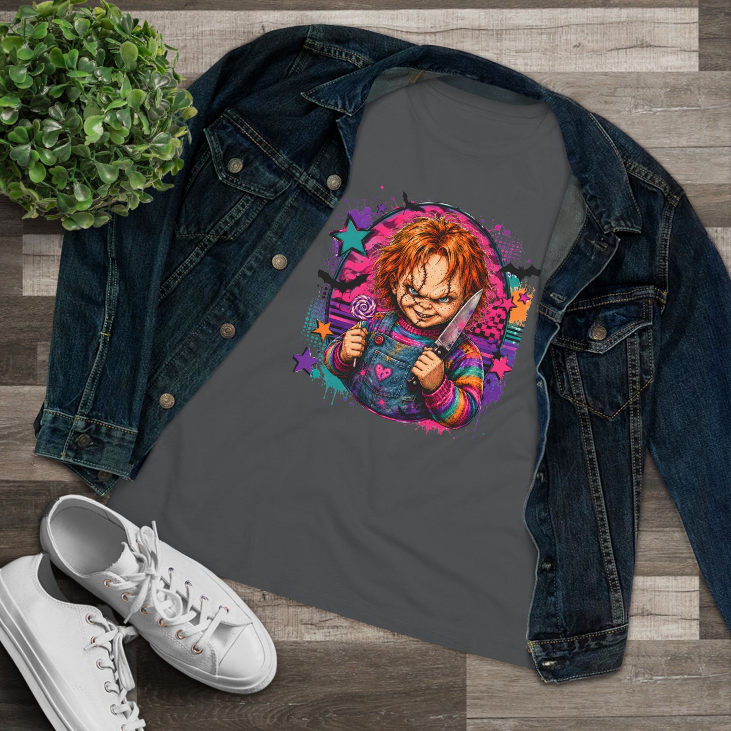 Chucky Horror Graphic Tee — Retro Neon Killer Doll Shirt for Women
