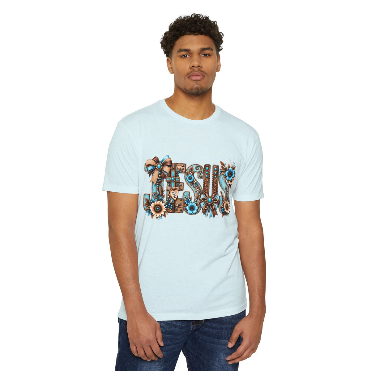 Jesus Floral Typography T-Shirt — Rustic Blue & Brown Christian Tee