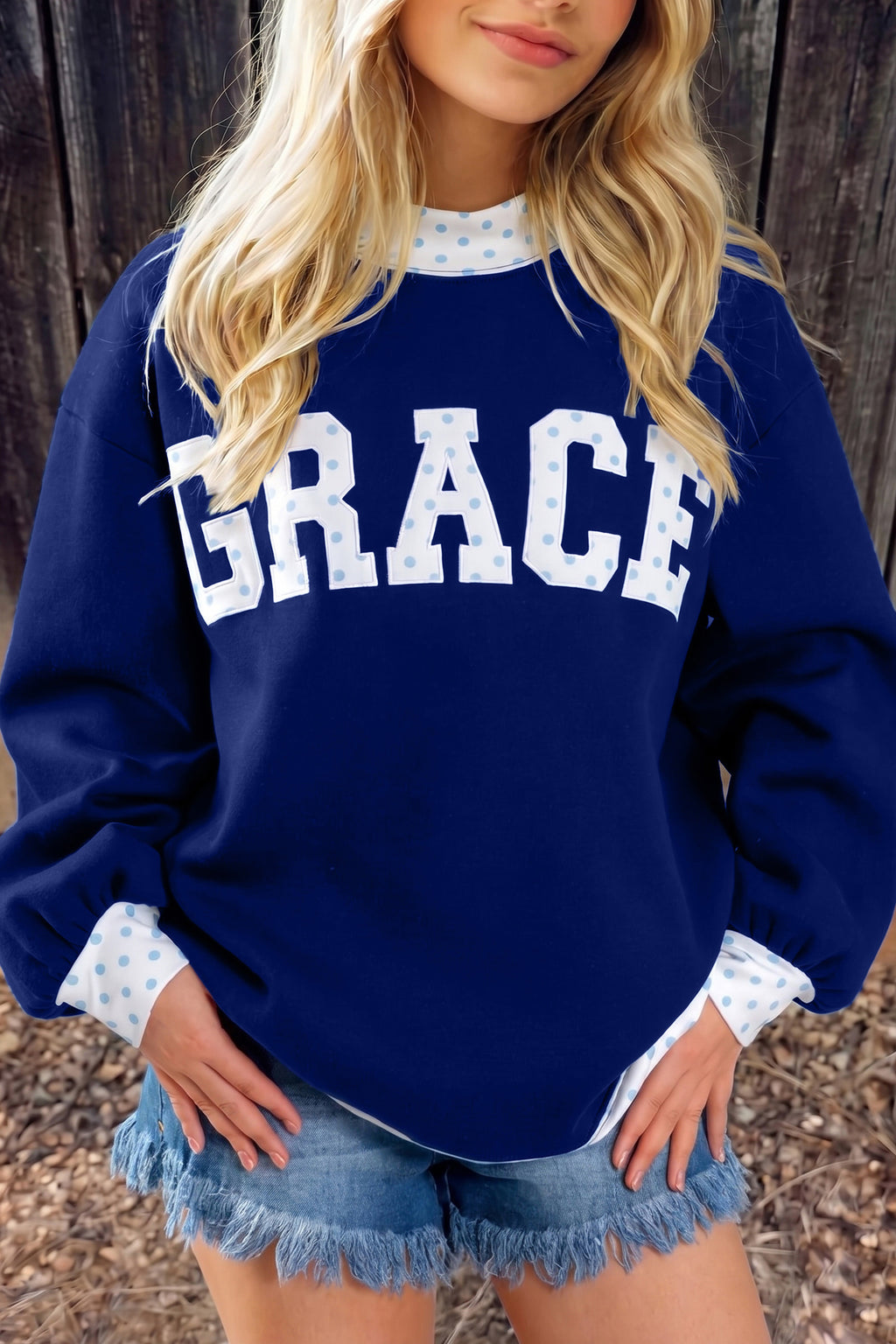 Dirty blue Polka Dot Trim High Neck GRACE Letter Graphic Baggy Sweatshirt