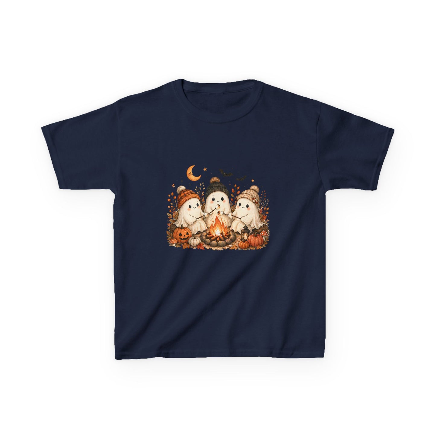 Kids Tee — Cute Halloween Ghosts Campfire Design (Pumpkins, Moon & Bats)