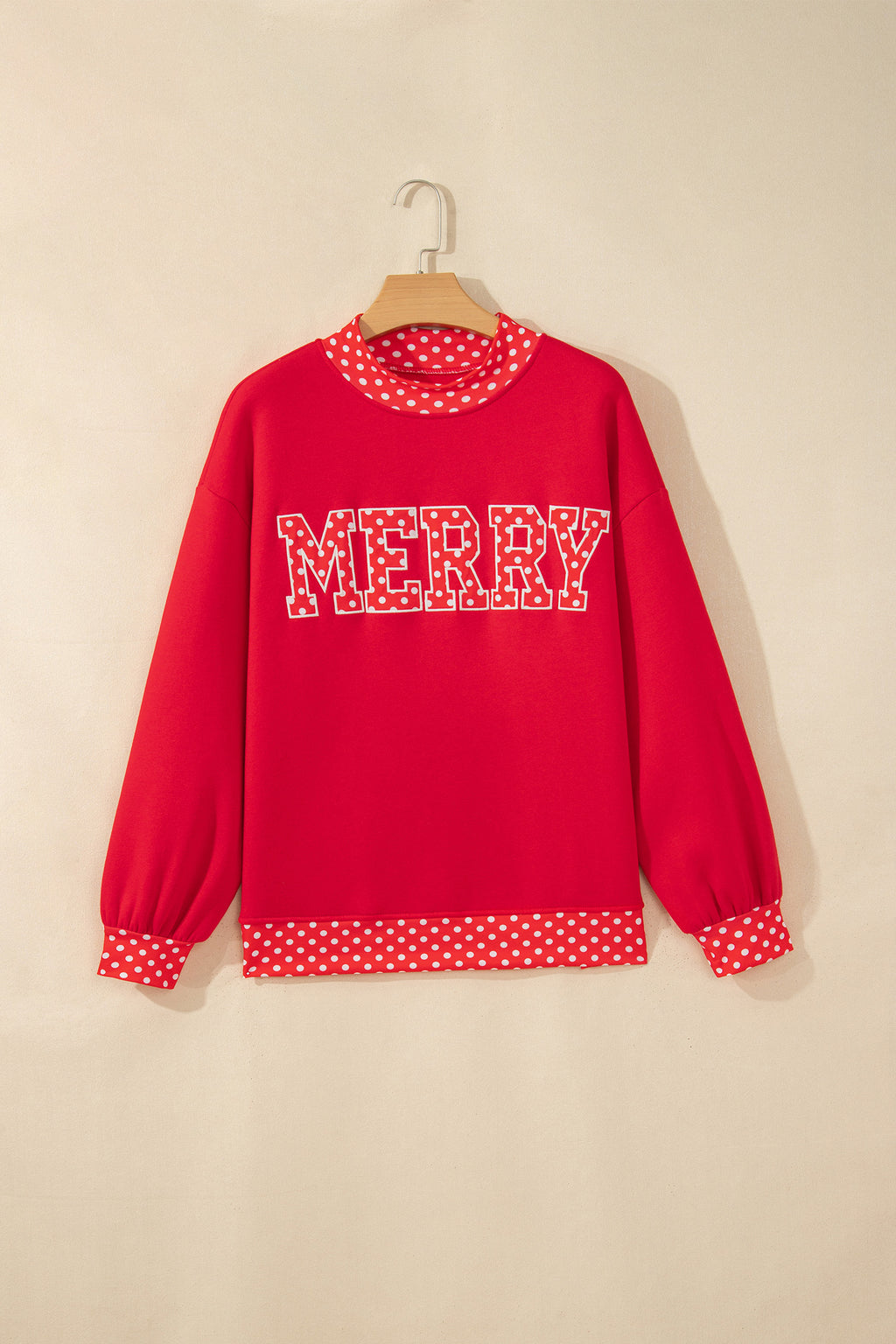 Grapefruit Orange Polka Dot Letter Print Contrast Trim Mock Neck Sweatshirt