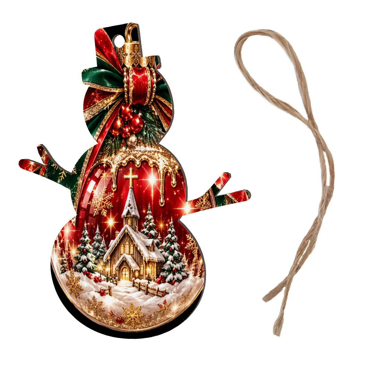 Wood Christmas Ornaments Snowman Shape Set of 4 Festive Snow Globe Ornament with Church