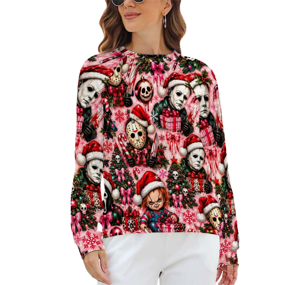 Raglan Crewneck Sweatshirts Women Festive Chibi Horror Christmas Pattern