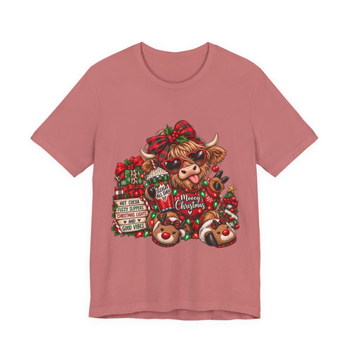 Christmas Cow Graphic Tee — Merry Christmas Plaid Highland Cow Holiday T-Shirt