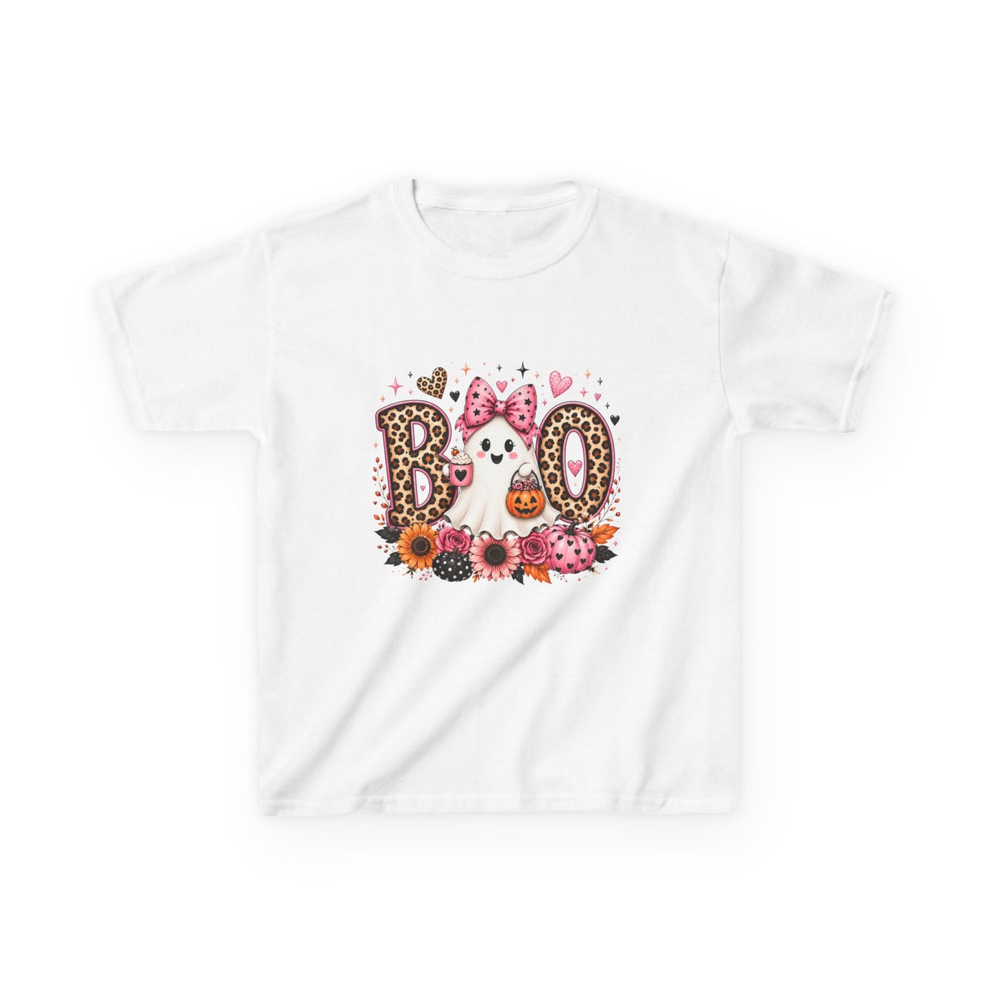 Kids' Halloween 'Boo' Ghost Tee — Cute Leopard Print & Floral Costume Shirt