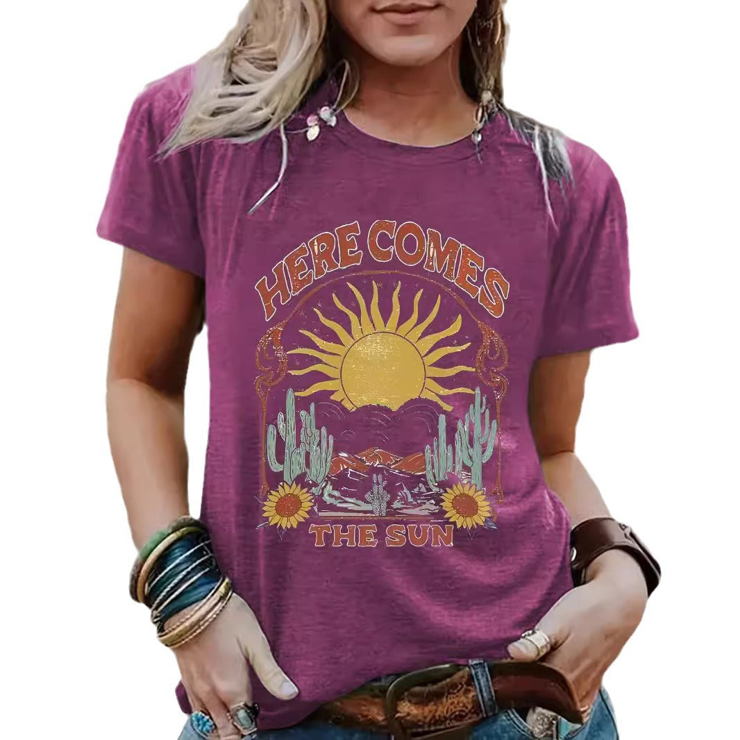 Western landscape round neck short sleeved shirt