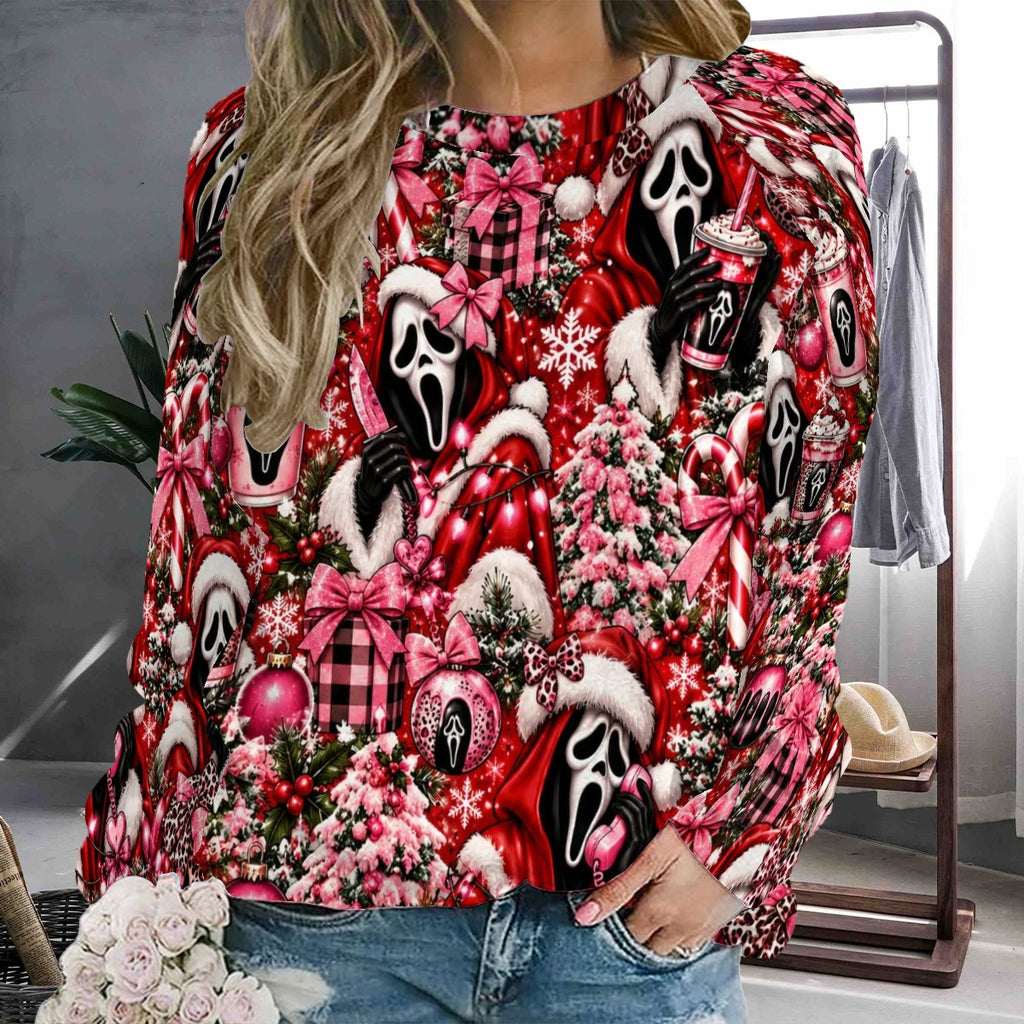 Raglan Crewneck Sweatshirts Women Festive Ghostface Christmas Pattern