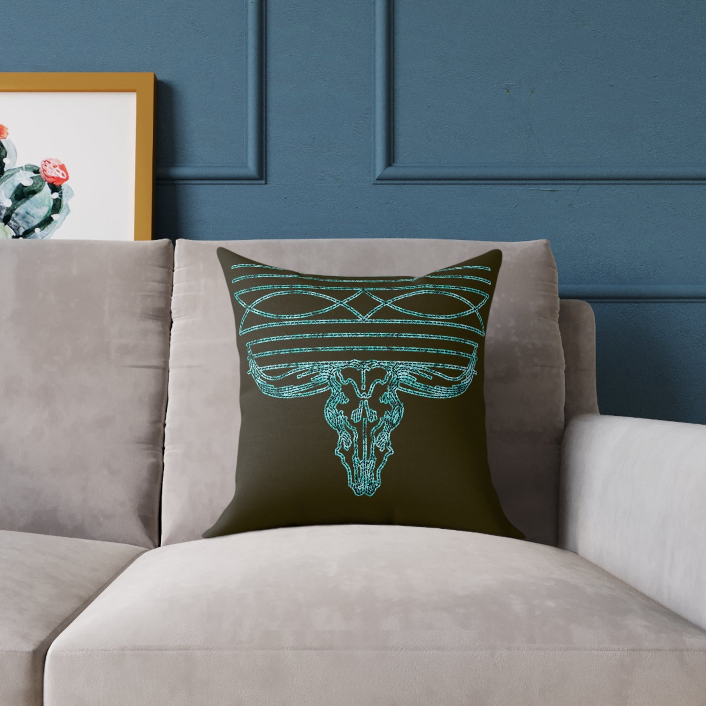 Boho Bull Skull Throw Pillow — Turquoise Distressed Western Accent