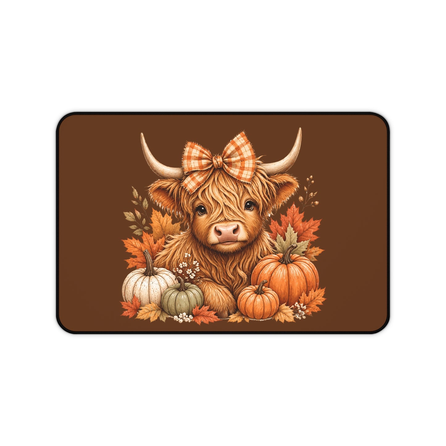 Autumn Highland Cow Desk Mat — Fall Pumpkin & Plaid Bow Mouse Pad