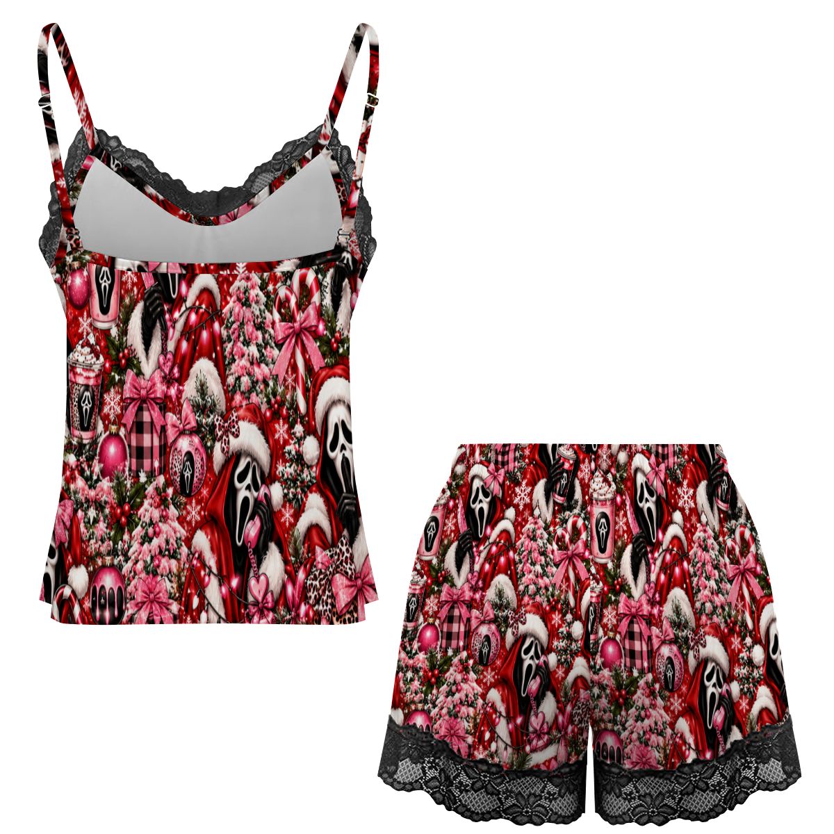 Women Cami Lace Pajama Set Festive Ghostface Christmas Pattern