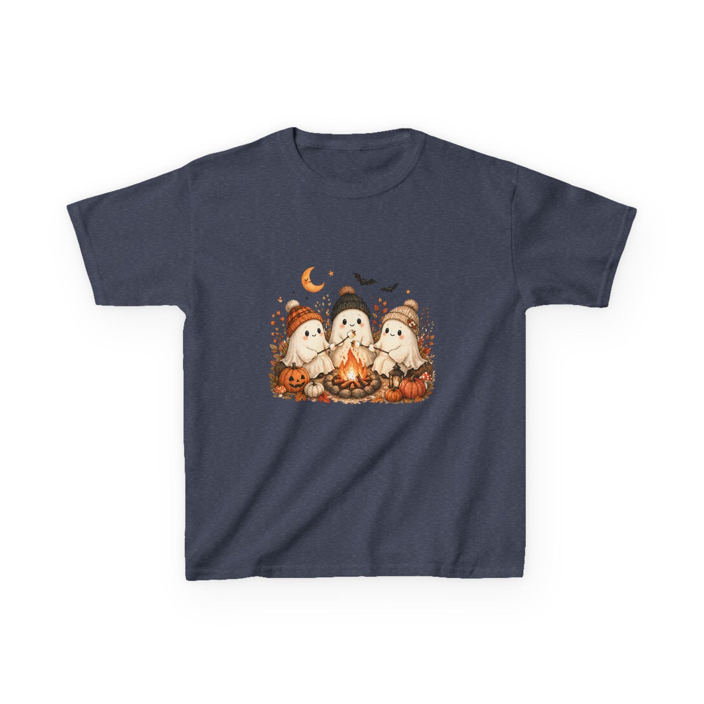 Kids Tee — Cute Halloween Ghosts Campfire Design (Pumpkins, Moon & Bats)
