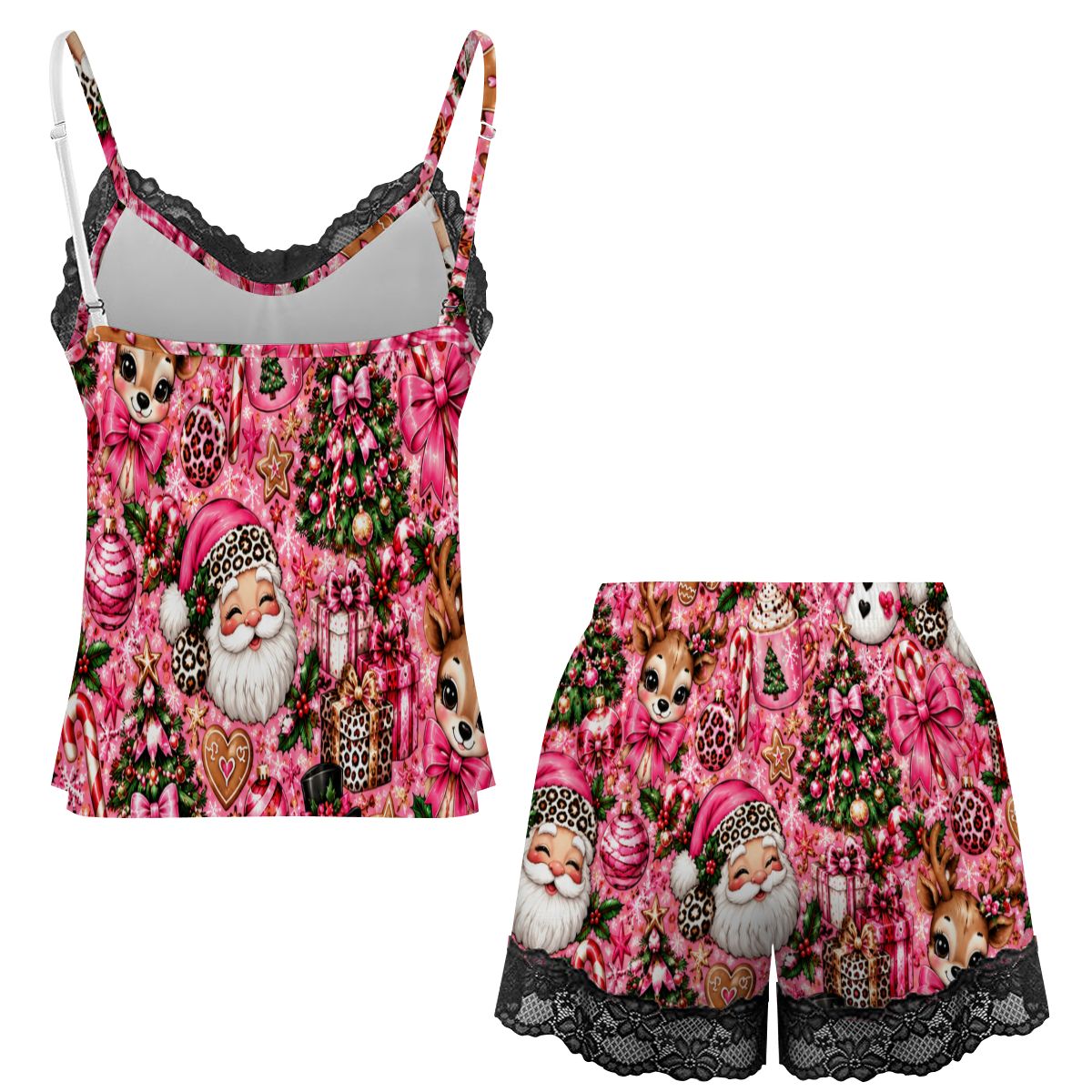 Women Cami Lace Pajama Set Glamorous Pink Christmas Wonderland