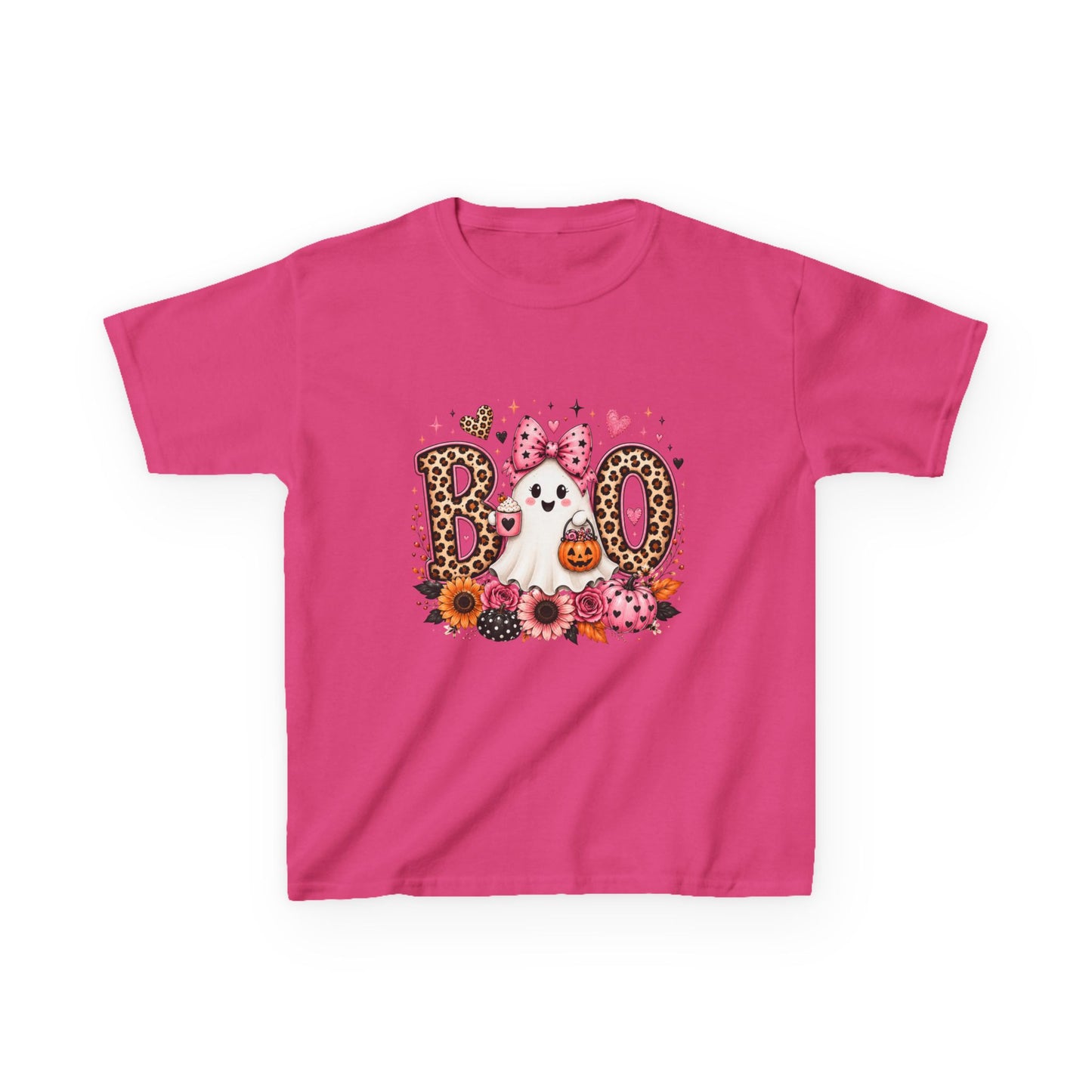 Kids' Halloween 'Boo' Ghost Tee — Cute Leopard Print & Floral Costume Shirt