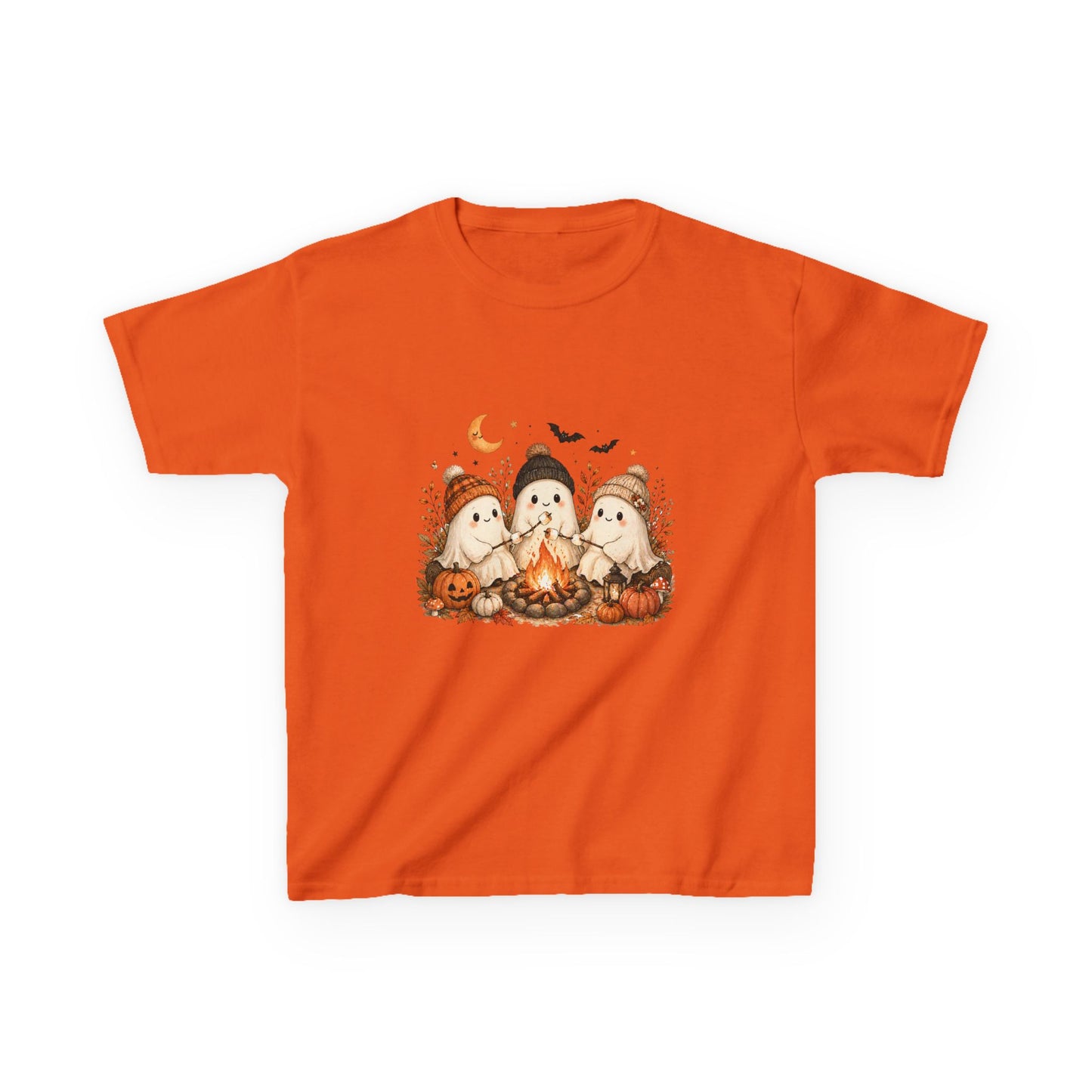 Kids Tee — Cute Halloween Ghosts Campfire Design (Pumpkins, Moon & Bats)