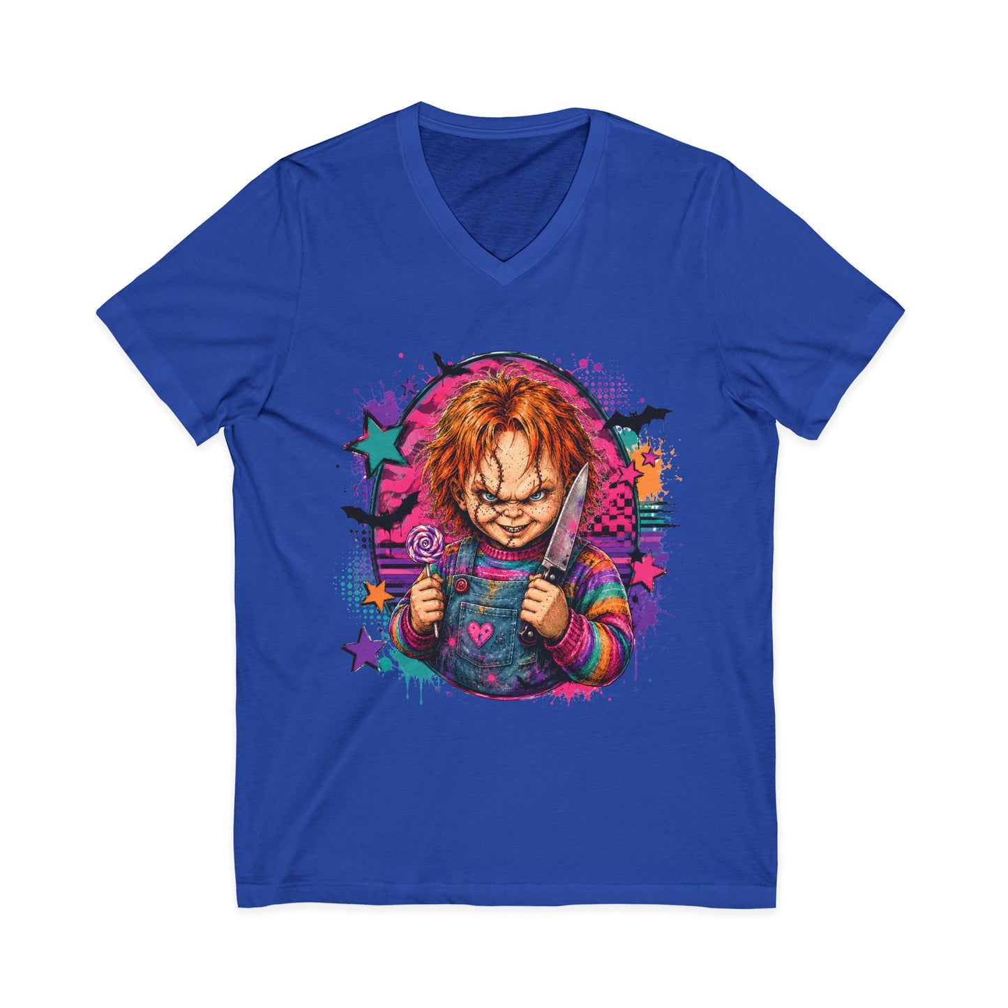 Horror Doll V-Neck Tee — Colorful Creepy Chucky Graphic Shirt