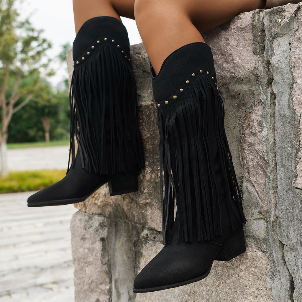 Women's Fringe Fashion Boots with Tassels, Sexy Retro Western Long Boots in Large Sizes