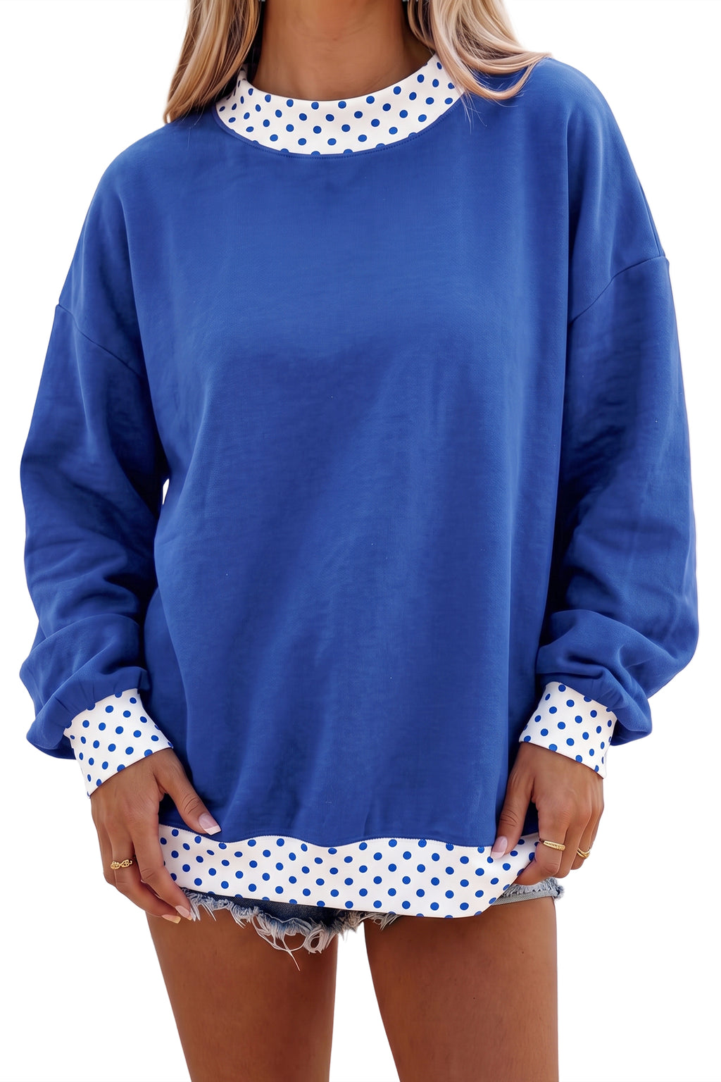 Brown Colorblock Polka Dot Contrast Trim Oversized Sweatshirt