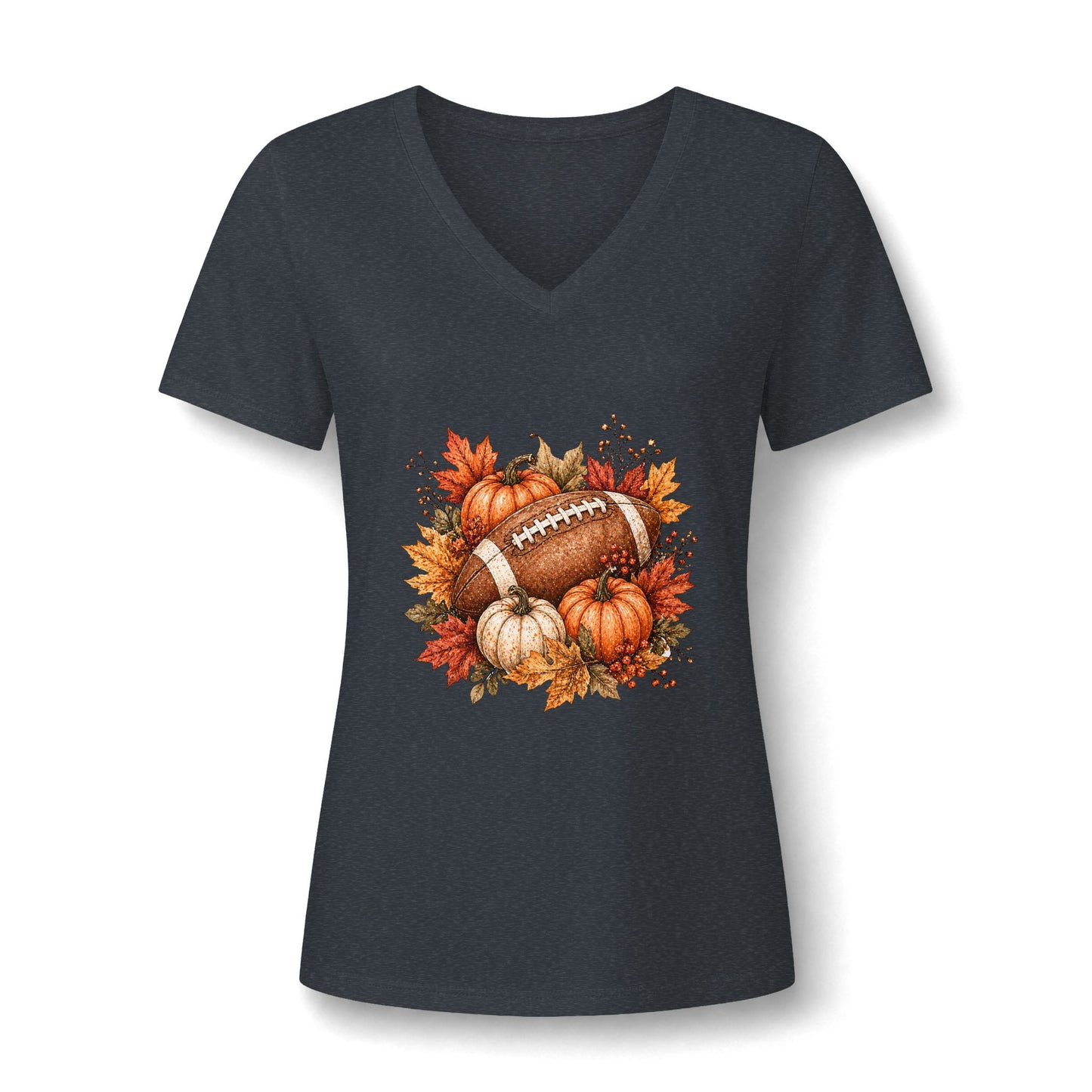 Women's V-Neck Tee — Fall Football Pumpkin Design