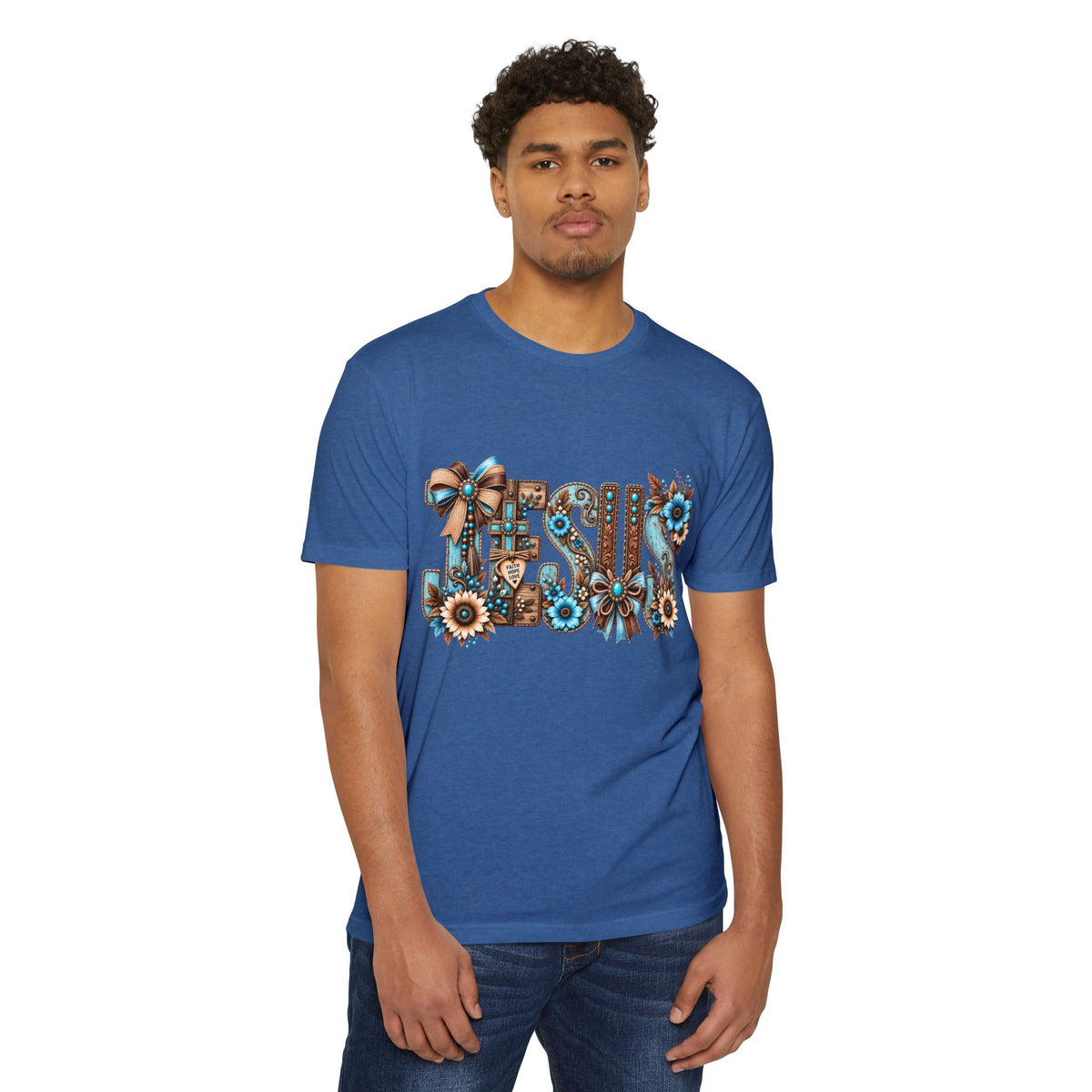 Jesus Floral Typography T-Shirt — Rustic Blue & Brown Christian Tee