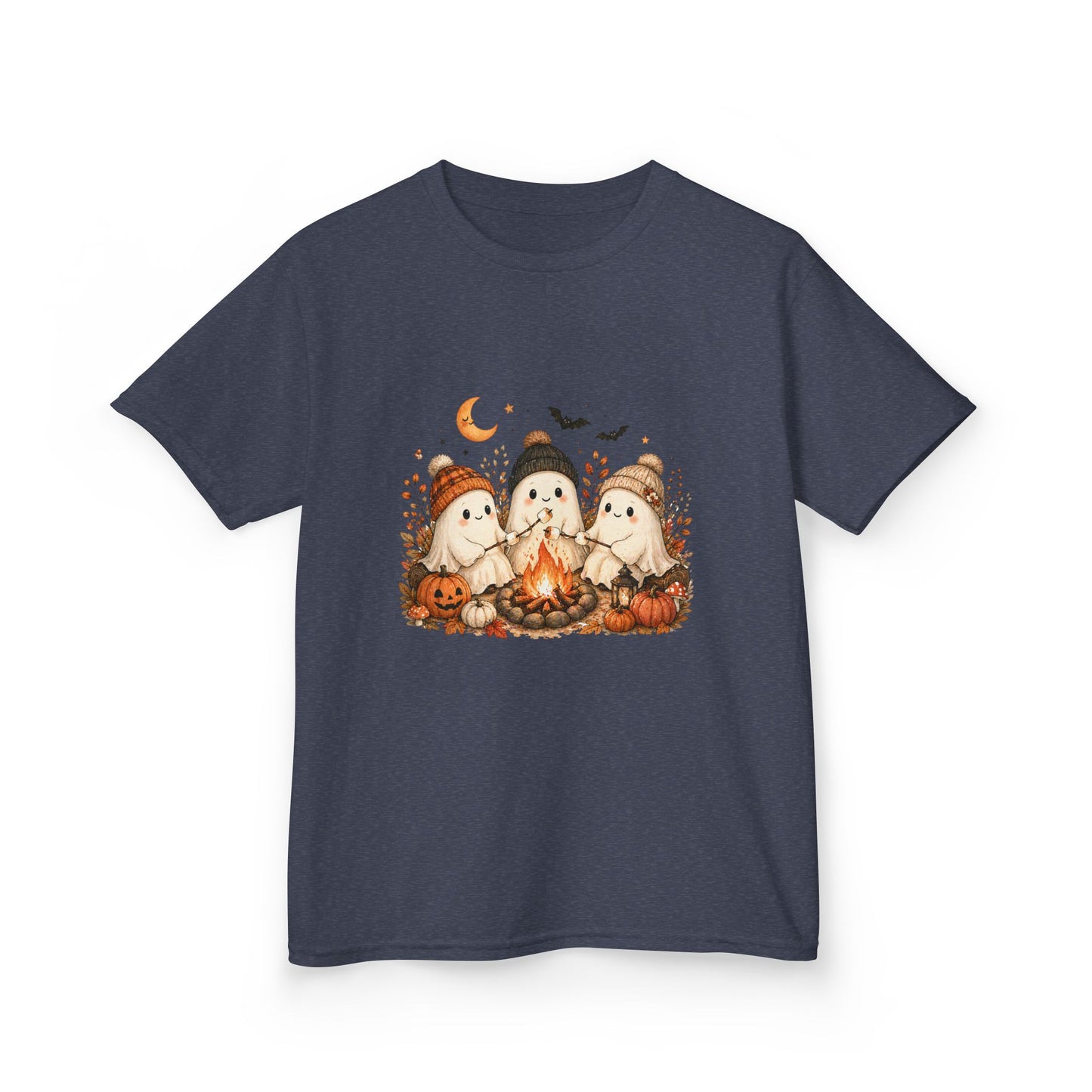 Kids Tee — Cute Halloween Ghosts Campfire Design (Pumpkins, Moon & Bats)