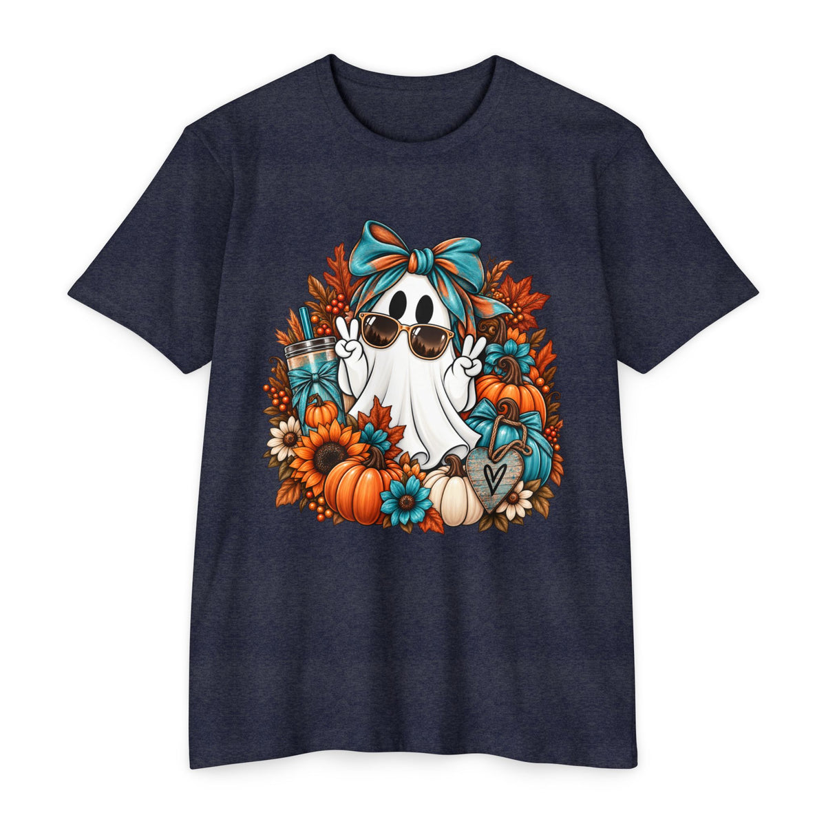 Cute Fall Ghost T-Shirt — Halloween Pumpkin & Floral Graphic Tee