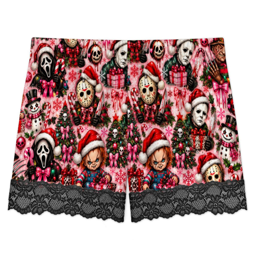 Women Cami Lace Pajama Set Festive Chibi Horror Christmas Pattern